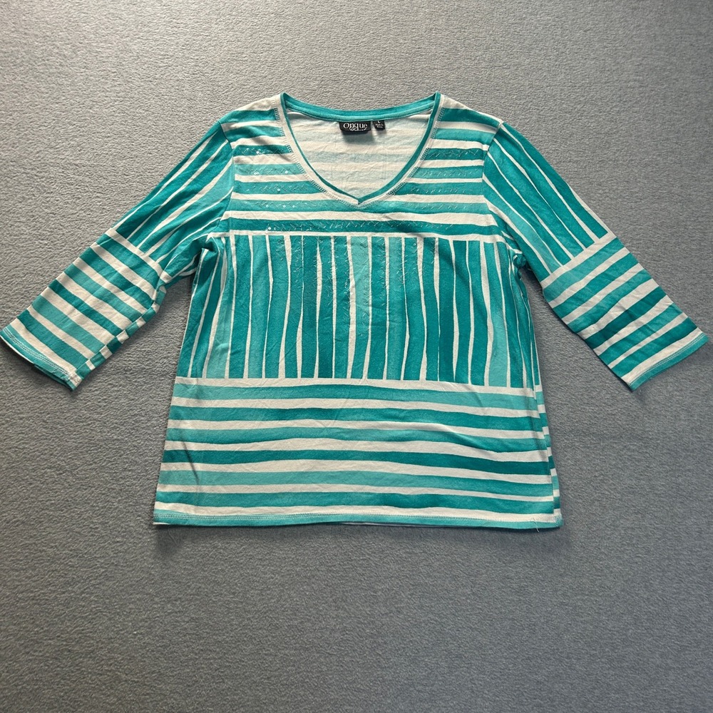 Onque Casual V Neck Knit Top Womens Large Aqua White Striped 3/4 Sleeve Stretch